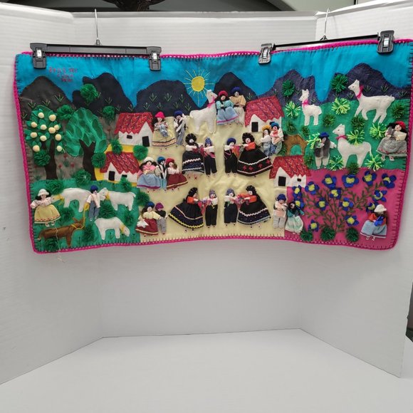 Peru Arpillera Folk Art Villag 3D Textile Wall Hanging Hand Embroidered Applique